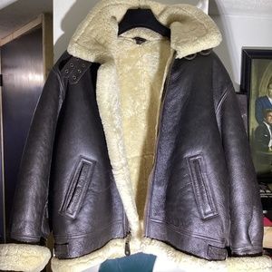 Cabellas 3-B Sheepskin Brown Leather Bomber Jacket